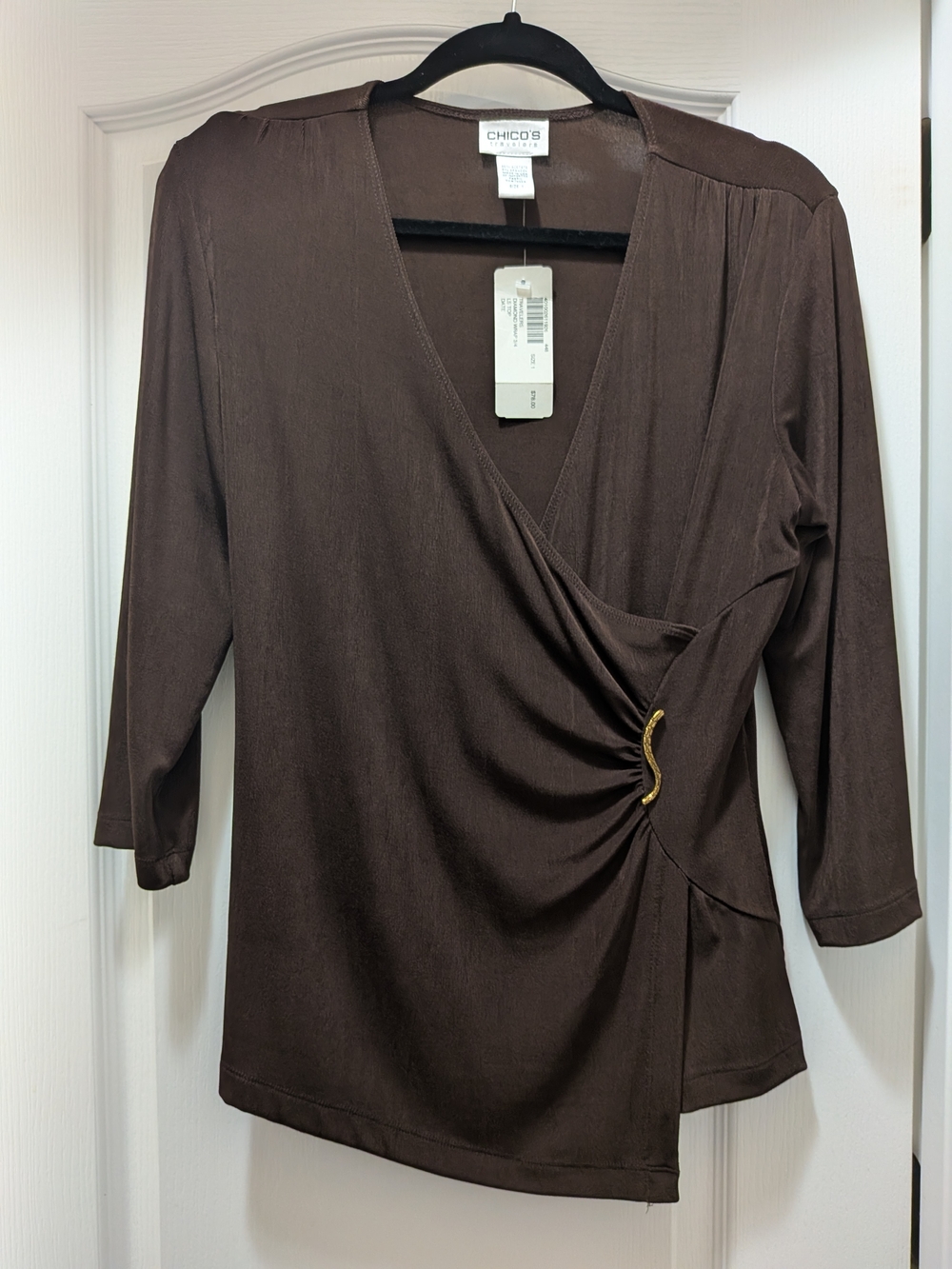 Chico's Dark Brown Surplice Top with Gold Accent
